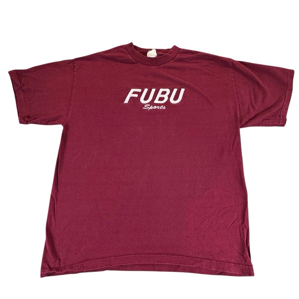 Vintage 90s FUBU Sports Sz XL Men's T-shirt Embroidered Red Maroon Made In USA